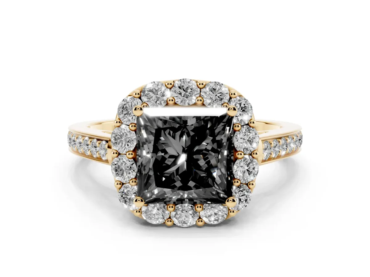 Fancy Black Princess Cut Diamond Floral Halo Ring with Pavé Band and Prong Setting Yellow gold