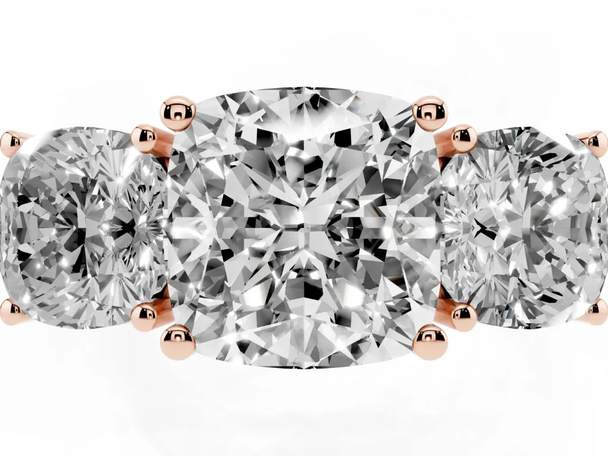 Three-Stone Cushion Cut Cut Diamond Engagement Ring with Flat Band and Four-Prong Setting Rose gold