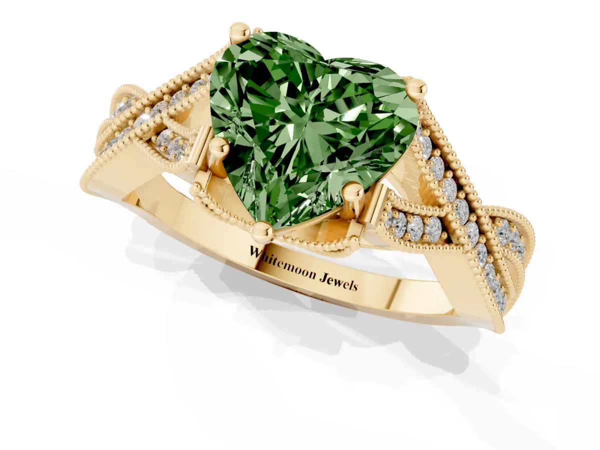 Fancy Green Heart Cut Cut Diamond Twisted Band with Milgrain Pave Setting and Four-Prong Setting Yellow gold