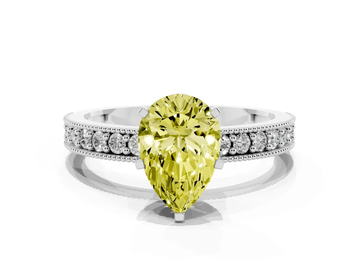 Fancy Yellow Pear Cut Diamond Milgrain Pavé Engagement Ring with Four-Prong Setting Silver
