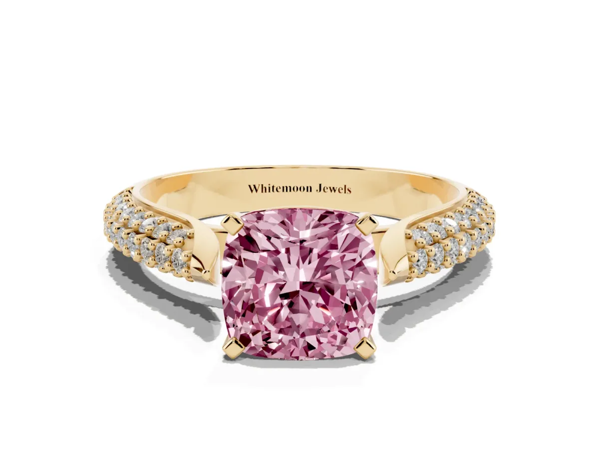 Fancy Pink Cushion Cut Diamond Solitaire Engagement Ring with Multi-Row Round Pavé Band and Prong Setting Yellow gold