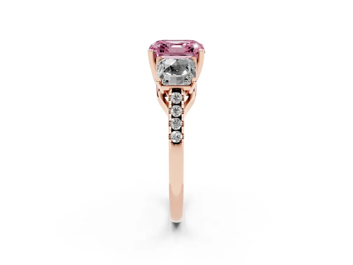 Fancy Pink Three-Stone Asscher Cut Diamond Ring with Round Pavé Band and Prong Setting Rose gold