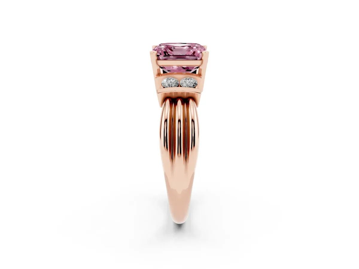 Fancy Pink Asscher Cut Cut Three-Stone Channel Set Ring with Bar Prongs Rose gold