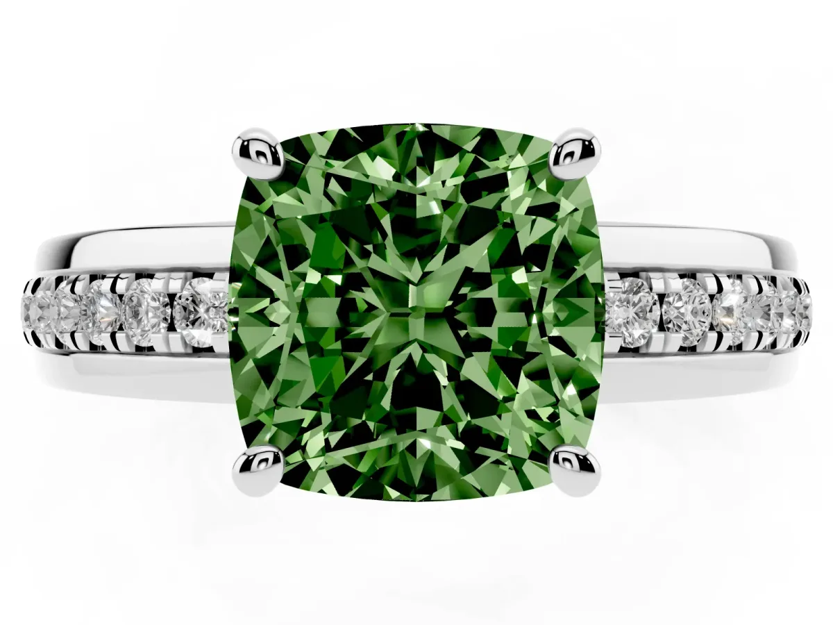 Fancy Green Cushion Cut Solitaire Diamond Ring with Channel Set Band and Six-Prong Setting Silver