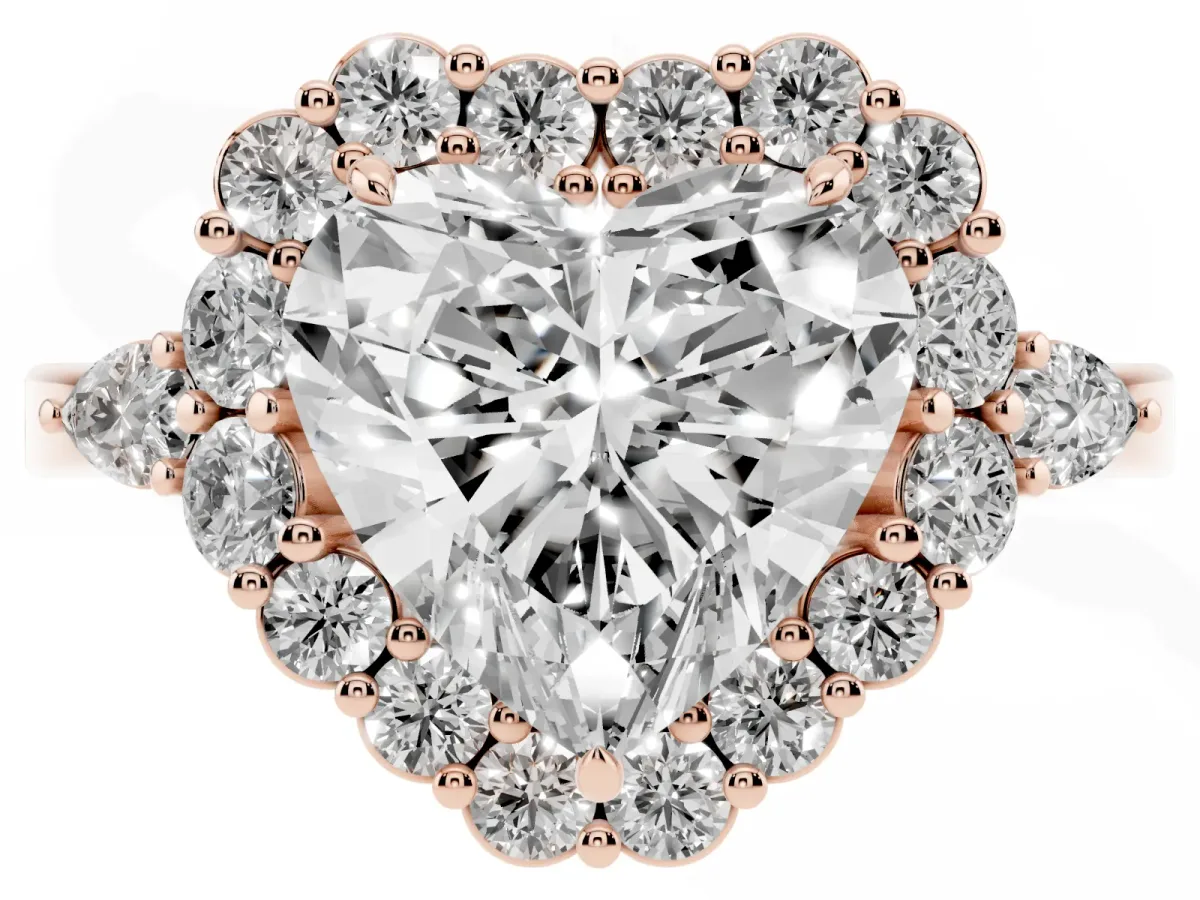 Heart Cut Diamond Halo Ring with Pear Side Stones and Prong Setting Rose gold