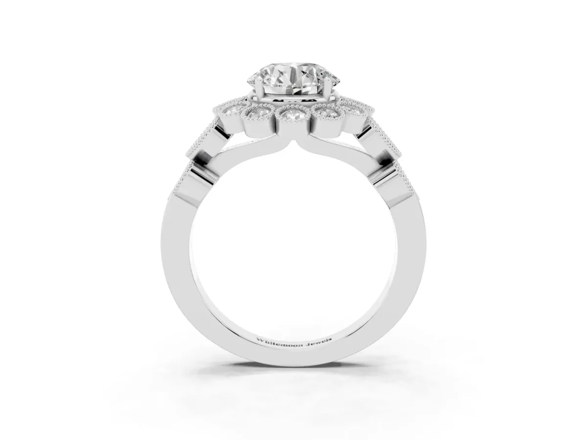 Round Cut Brilliant Milgrain Pave Heart Band Solitaire Ring Silver