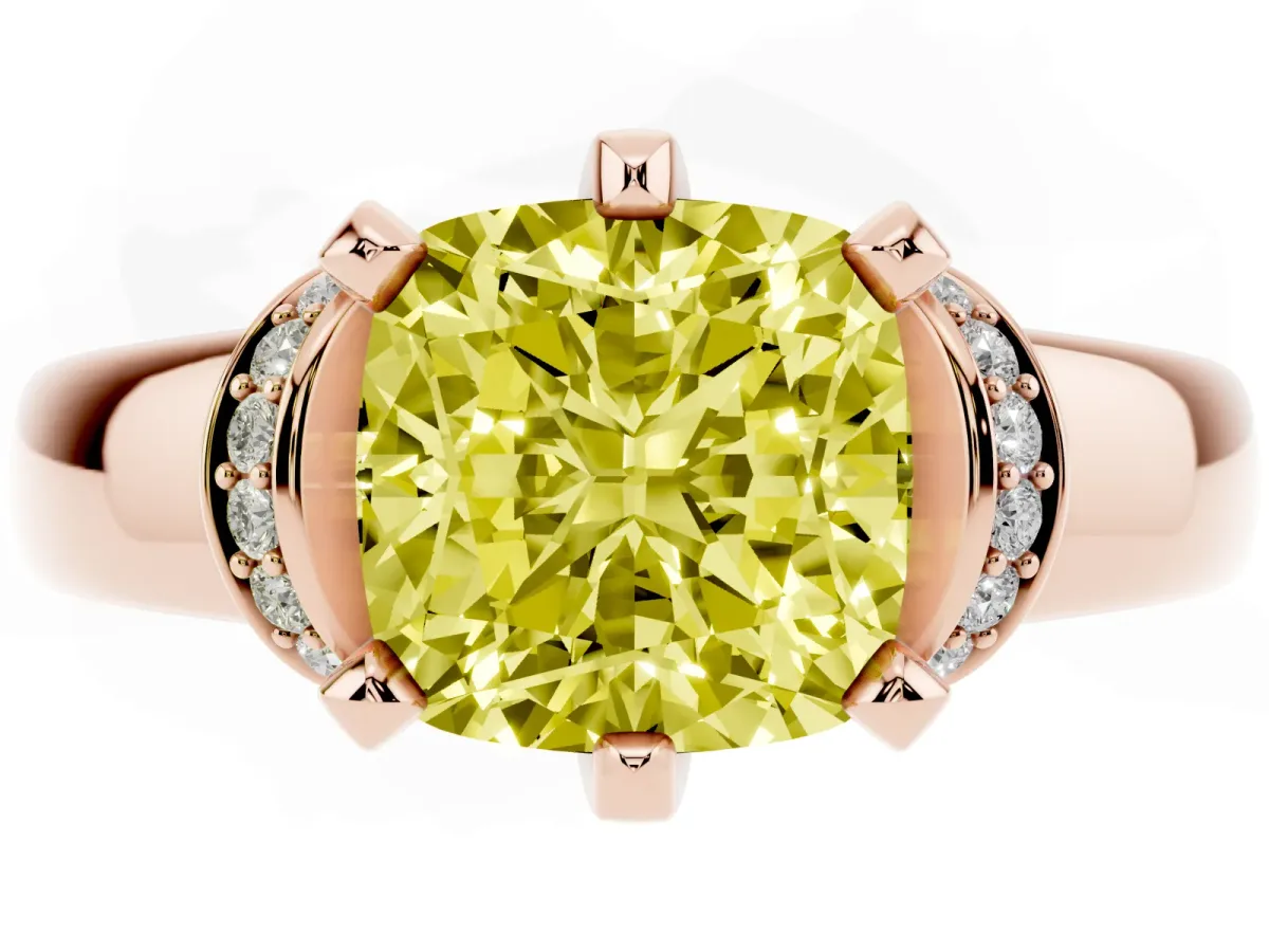 Fancy Yellow Cushion Cut Solitaire Diamond Ring with Pave Band and Six-Prong Setting Rose gold