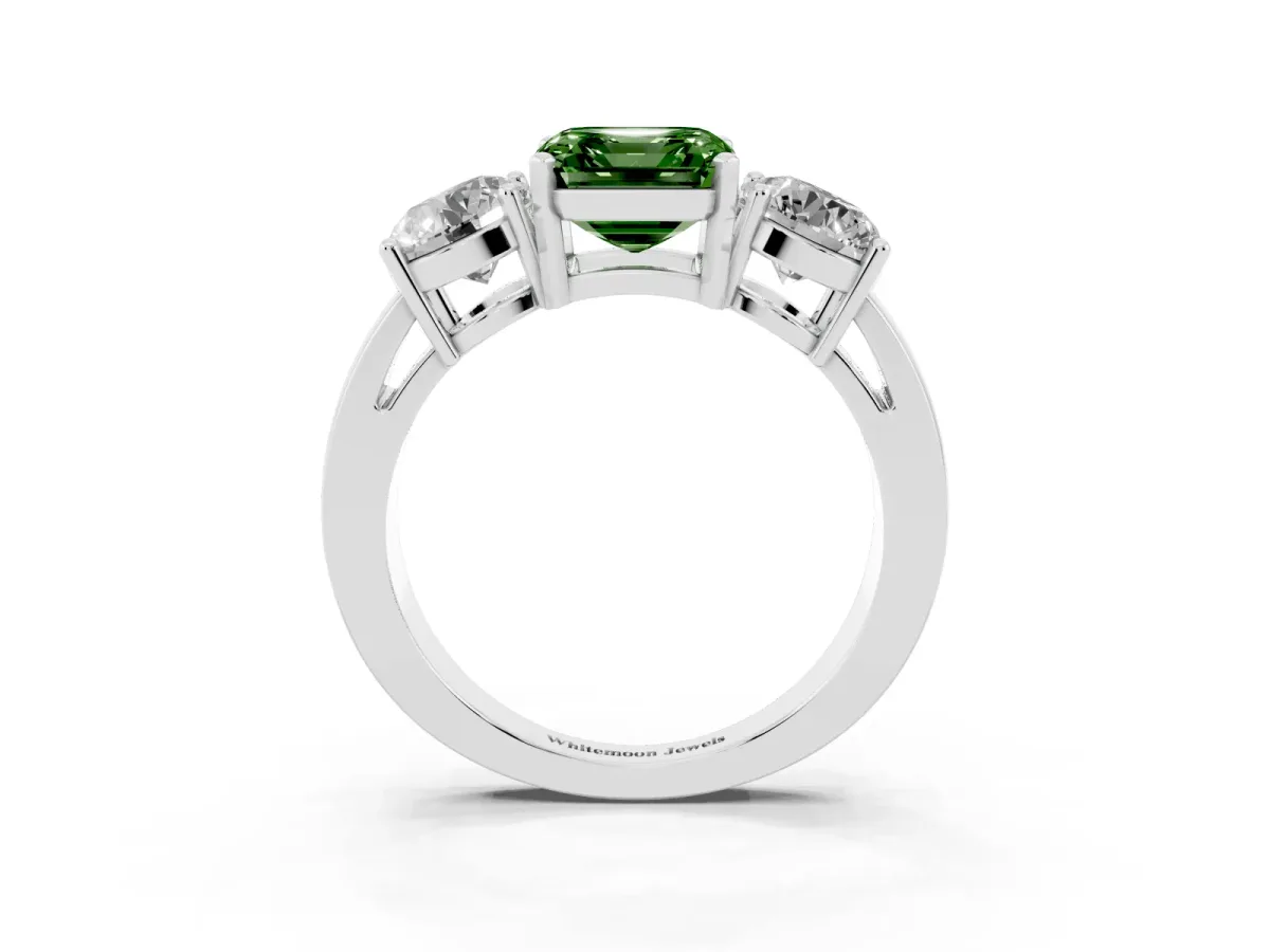 Fancy Green Three-Stone Asscher Cut Diamond Ring with Round Side Stones, Classic Band, and Four-Prong Setting Platinum