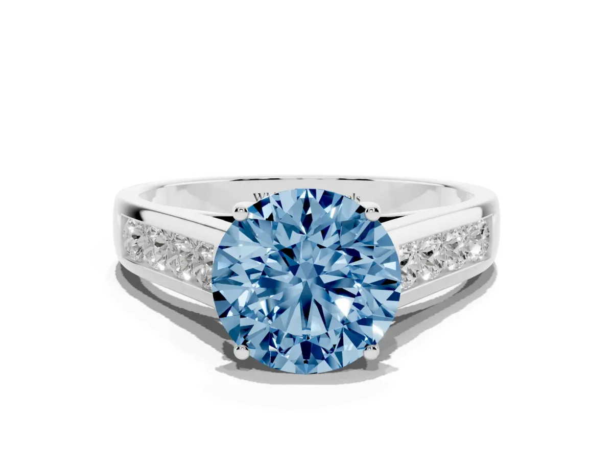 Fancy Blue Round Cut Brilliant Channel-Set Solitaire Ring with Four-Prong Setting Platinum