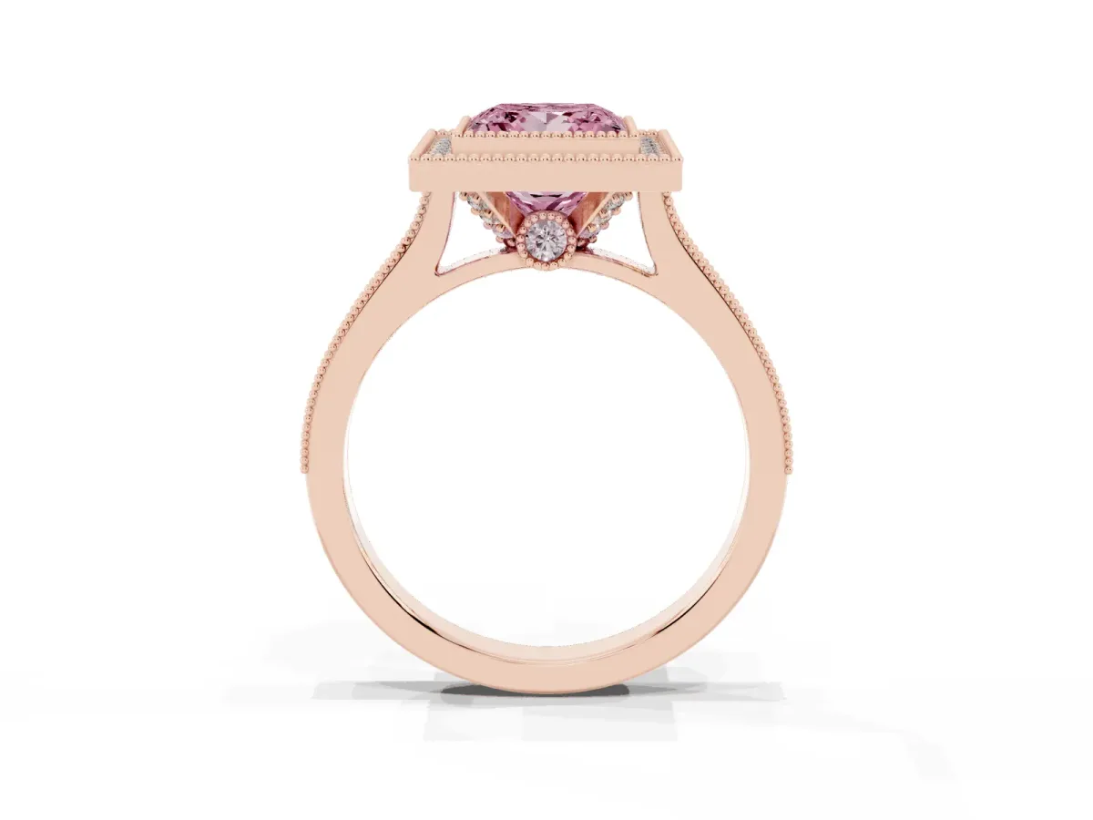 Fancy Pink Halo Princess Cut-Cut Diamond Pave Band Milgrain Prong Setting Ring Rose gold