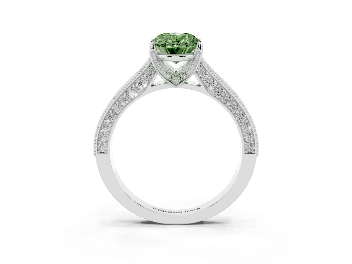 Fancy Green Oval Cut Cut Diamond Solitaire Ring with Milgrain Pave Band and Four Prong Setting Silver