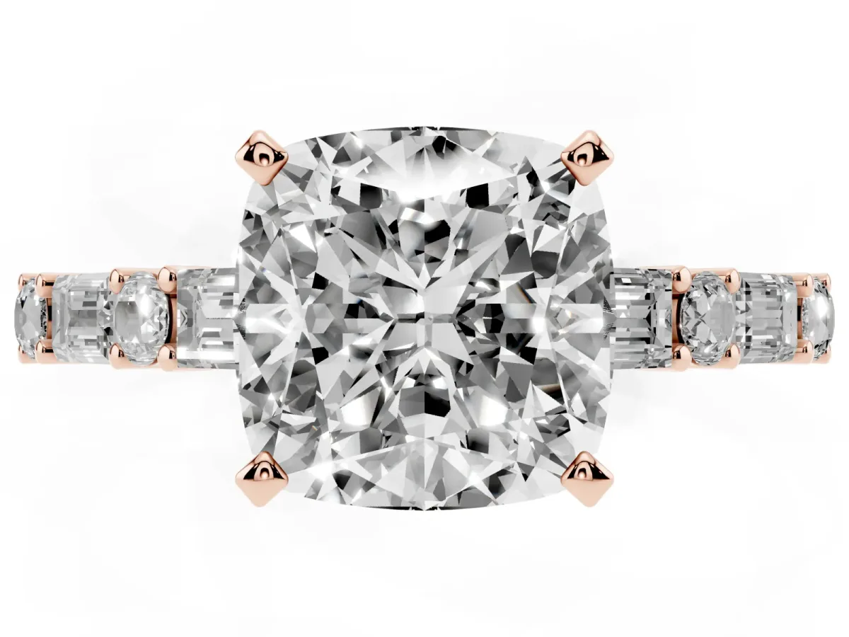 Cushion Cut Diamond Solitaire with Side Baguettes and Channel Set Band Rose gold