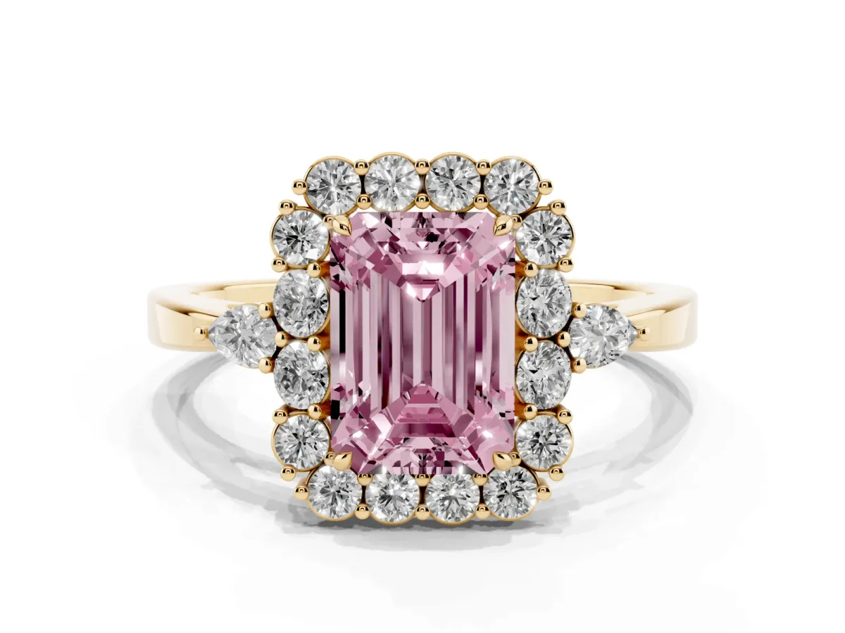 Fancy Pink Emerald Cut Diamond Halo Ring with Pear Side Stones and Prong Setting Yellow gold