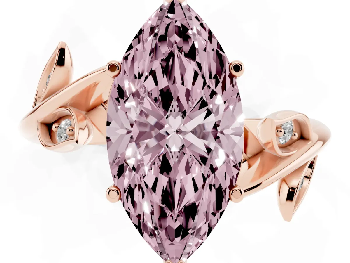 Fancy Pink Marquise Cut Solitaire Twist Engagement Ring with Leaf Accents and Prong Setting Rose gold