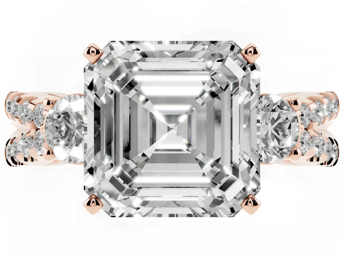 Asscher Cut Diamond Three-Stone Ring with Pavé Split Shank and Four-Prong Setting Rose gold