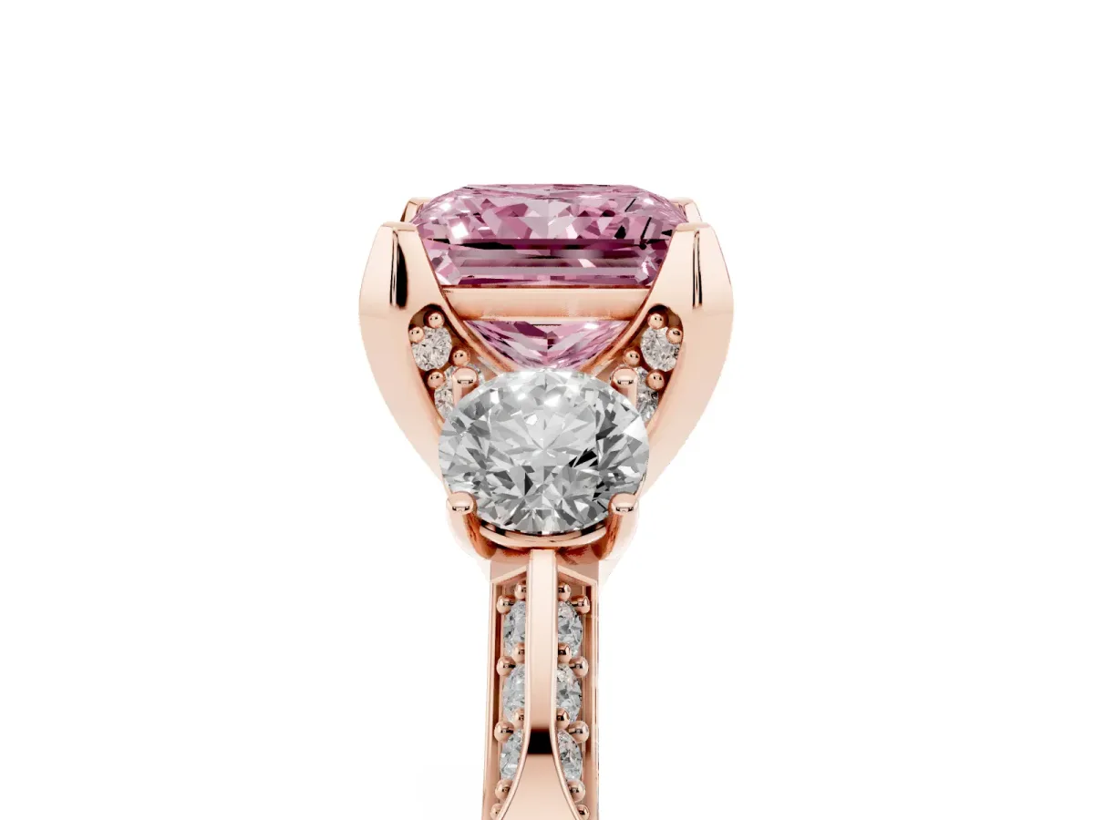 Fancy Pink Princess Cut Brilliant Three-Stone Diamond Ring with Pavé Band and Four-Prong Setting Rose gold