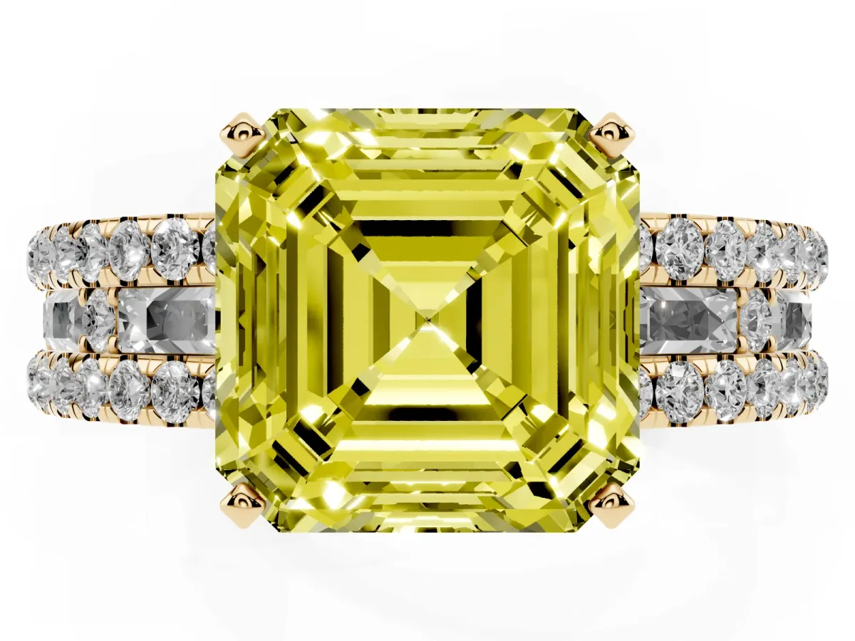 Fancy Yellow Asscher Cut Diamond Solitaire Ring with Pavé and Channel Set Band Yellow gold