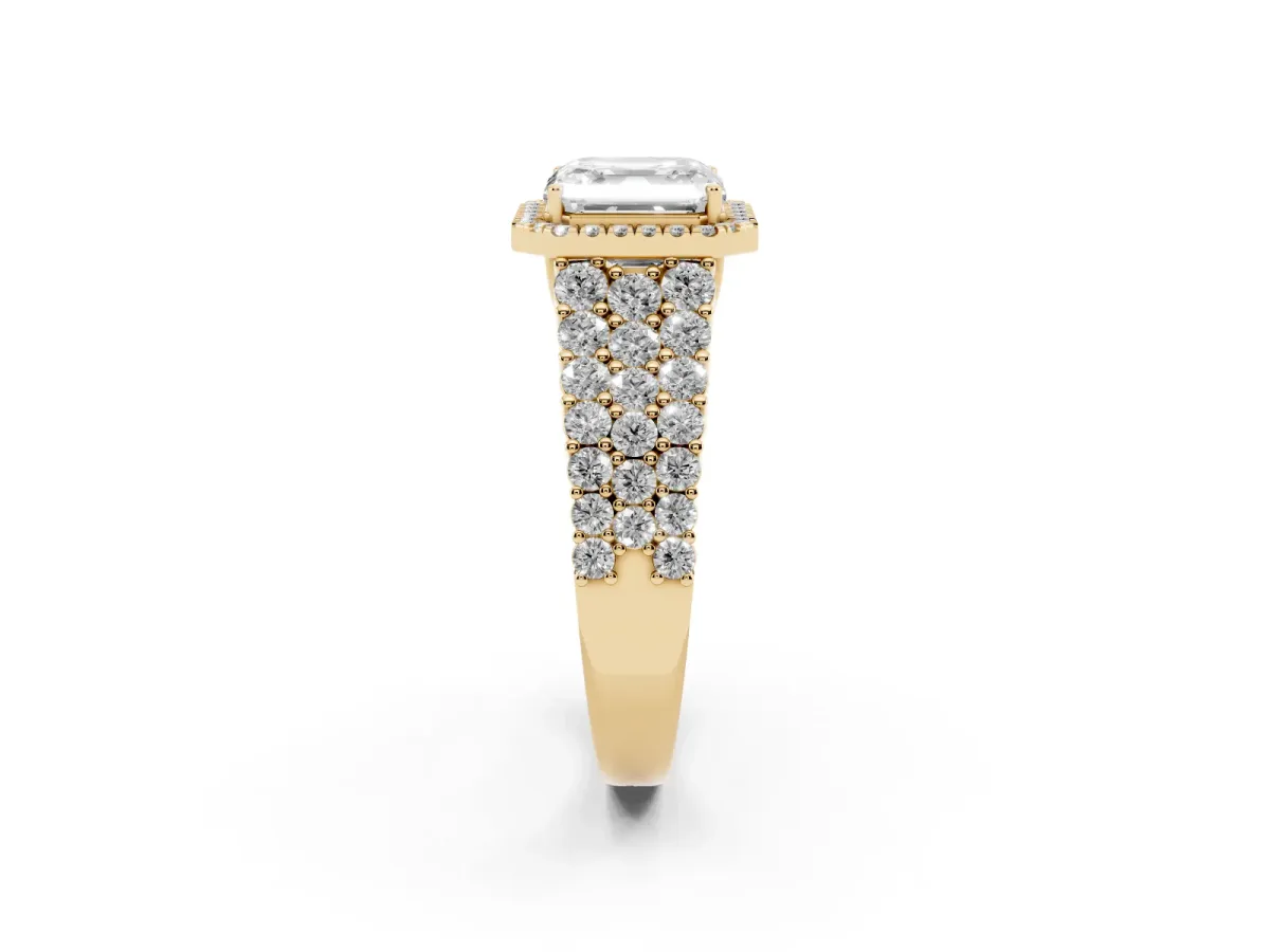 Asscher Cut Diamond Halo Engagement Ring with Triple Row Round Pavé Band and Prong Setting Yellow gold