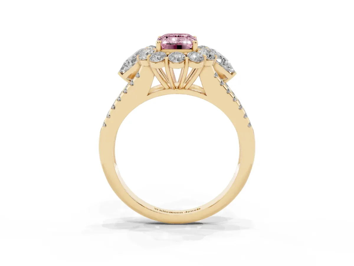 Fancy Pink Emerald Cut Halo Split Shank Diamond Engagement Ring with Prong Setting Yellow gold