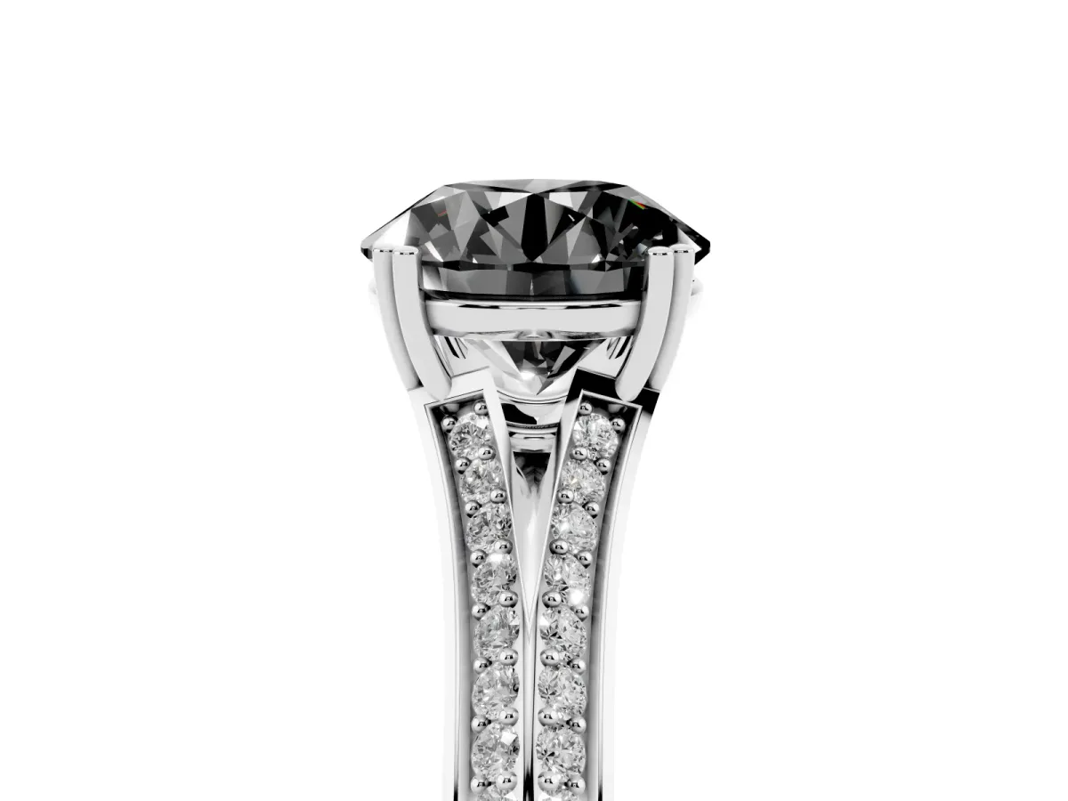 Fancy Black Round Cut Diamond Split Shank Engagement Ring with Pavé Band Silver