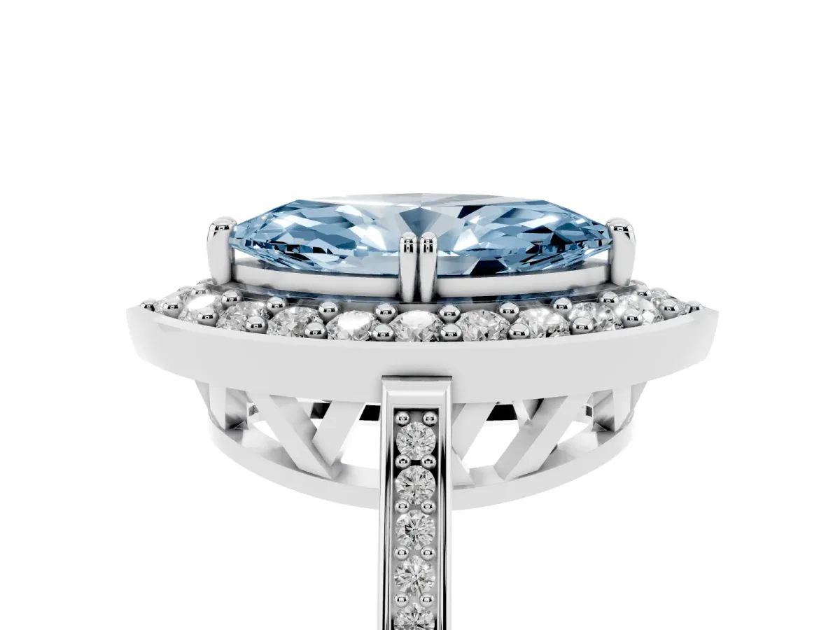 Fancy Blue Marquise Cut Diamond Halo Ring with Split Shank and Four-Prong Setting Platinum
