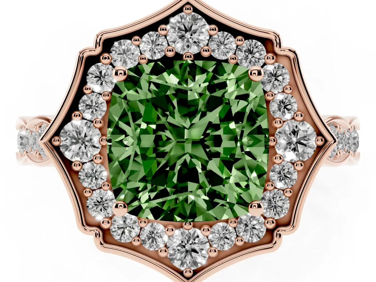 Fancy Green Cushion Cut Halo Diamond Engagement Ring with Milgrain Band and Four-Prong Setting Rose gold