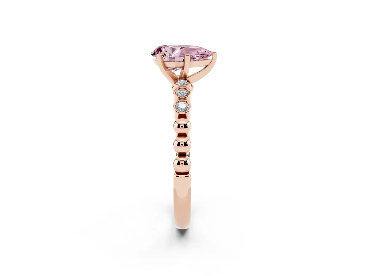 Fancy Pink Pear Cut Solitaire Bezel Accent Diamond Engagement Ring with Beaded Band and Four-Prong Setting Rose gold