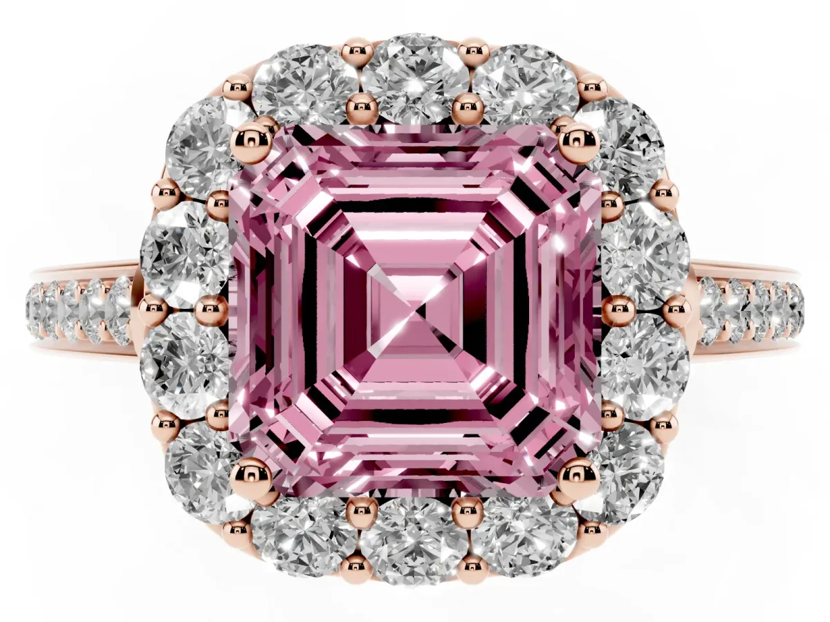Fancy Pink Asscher Cut Diamond Floral Halo Ring with Pavé Band and Prong Setting Rose gold