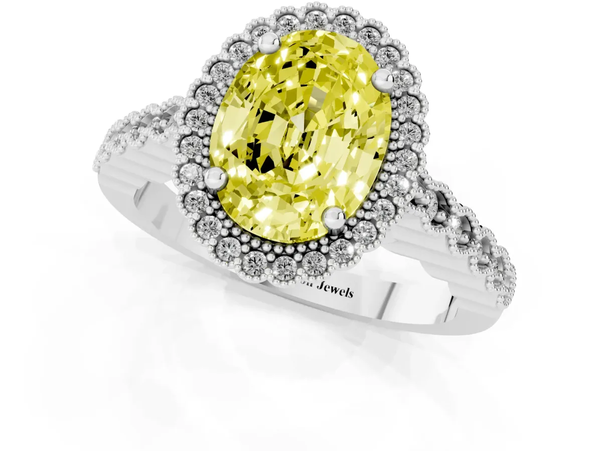 Fancy Yellow Oval Cut Cut Halo Pavé Solitaire Ring with Milgrain Band Silver