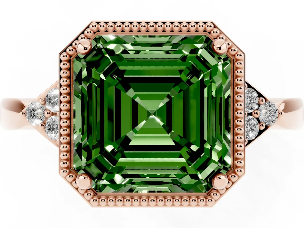 Fancy Green Milgrain Asscher Cut Cut Diamond Ring with Tapered Pave Band and Four Prong Setting Rose gold
