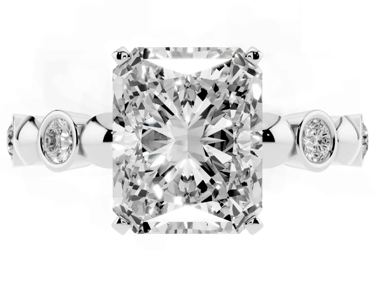 Radiant Cut Solitaire Bezel-Set Diamond Ring with Beaded Band and Four-Prong Setting Silver