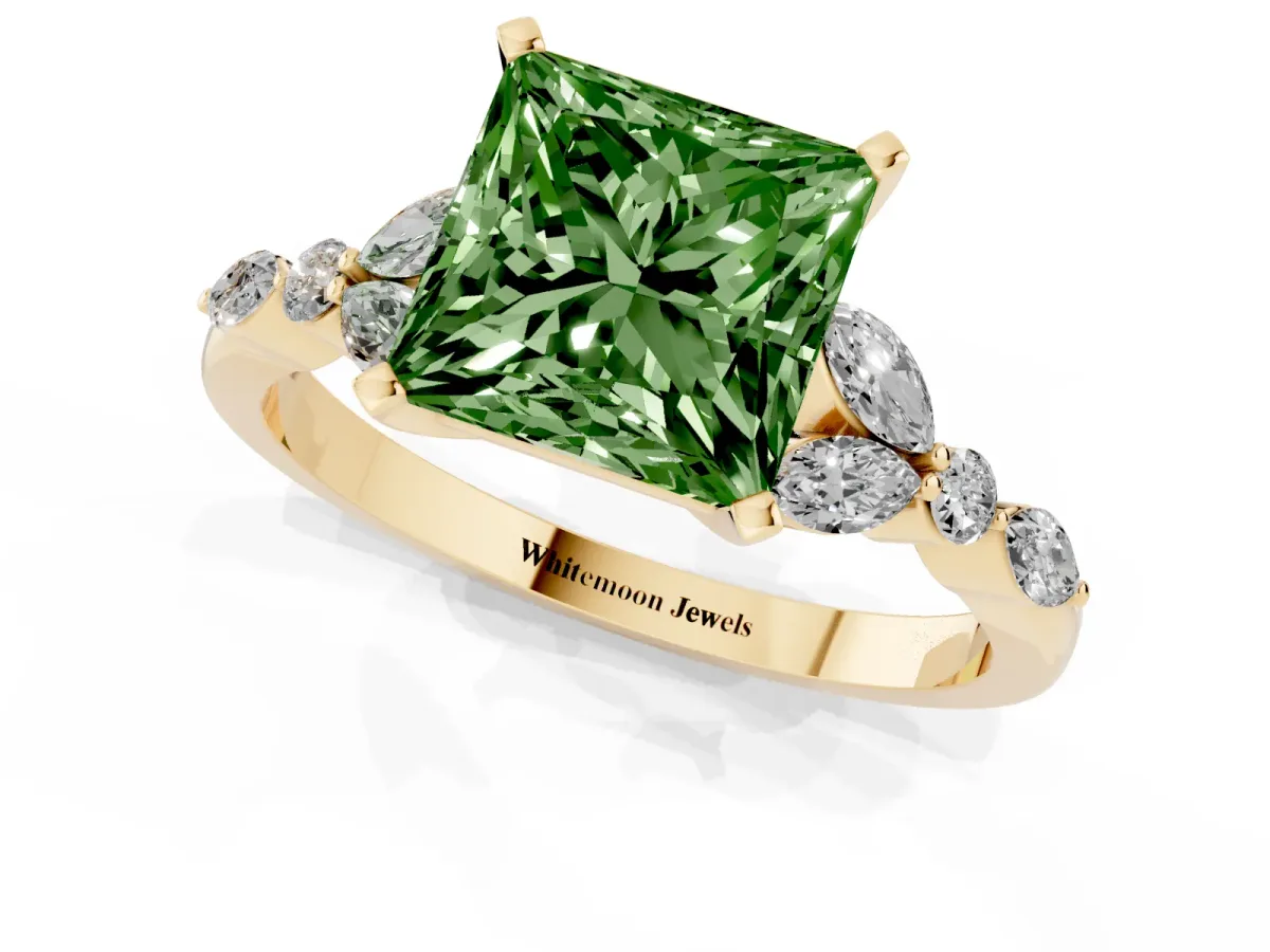 Fancy Green Princess Cut Diamond Solitaire Ring with Side Stones and Four-Prong Setting Yellow gold