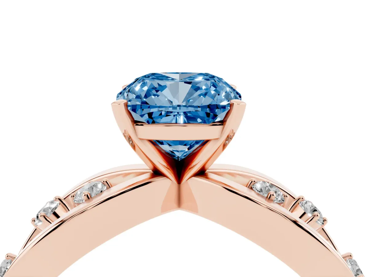 Fancy Blue Cushion Cut Cut Solitaire Diamond with Side Stones on Criss-Cross Band and Four-Prong Setting Rose gold