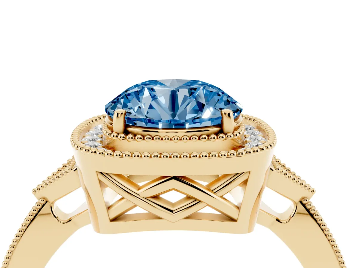 Fancy Blue Round Cut Halo Round Diamond Milgrain Pave Engagement Ring Yellow gold