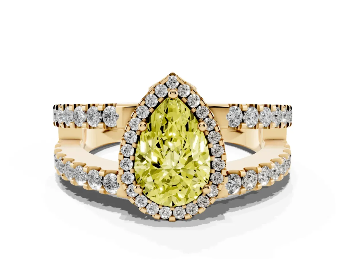 Fancy Yellow Pear Cut Cut Halo Split Shank Diamond Ring with Four-Prong Setting Yellow gold