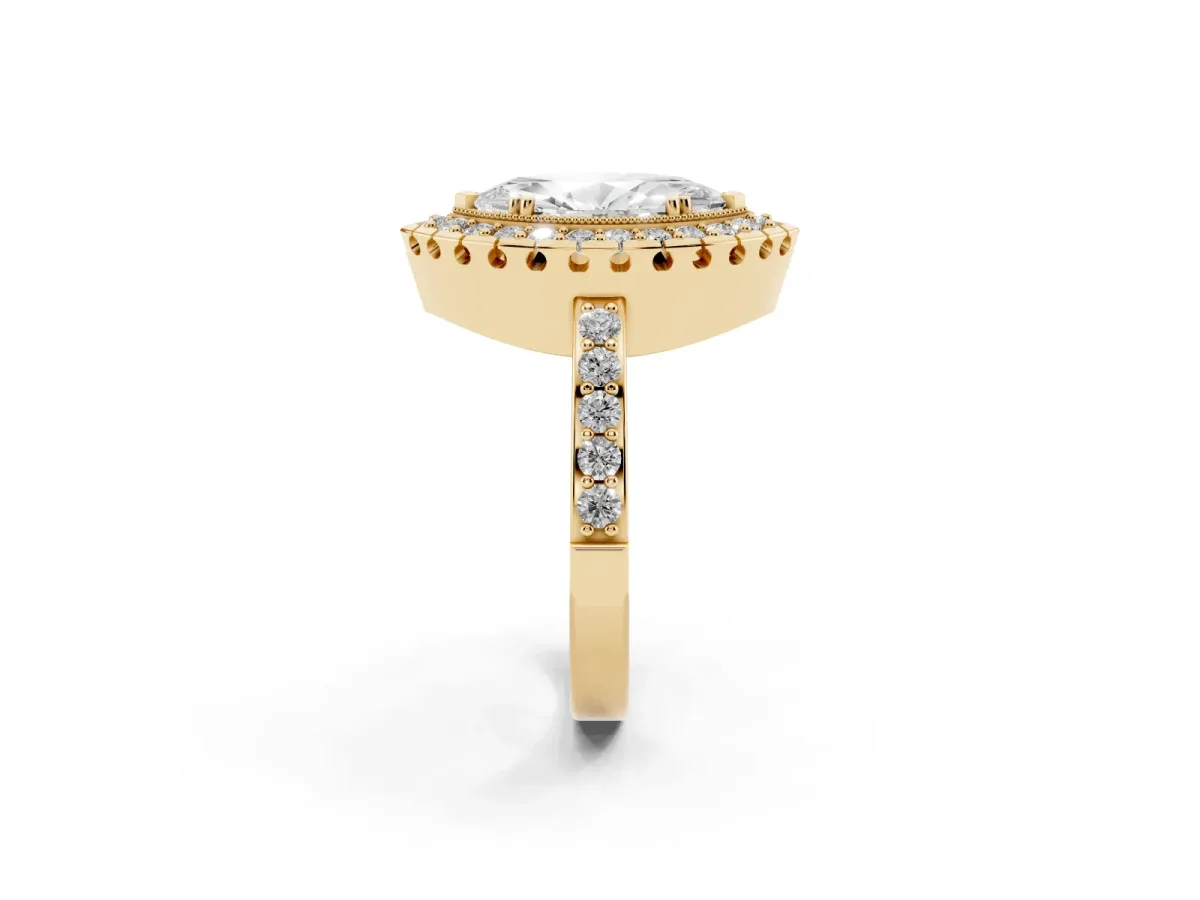 Marquise Cut Diamond Halo Ring with Pavé Band and Prong Setting Yellow gold