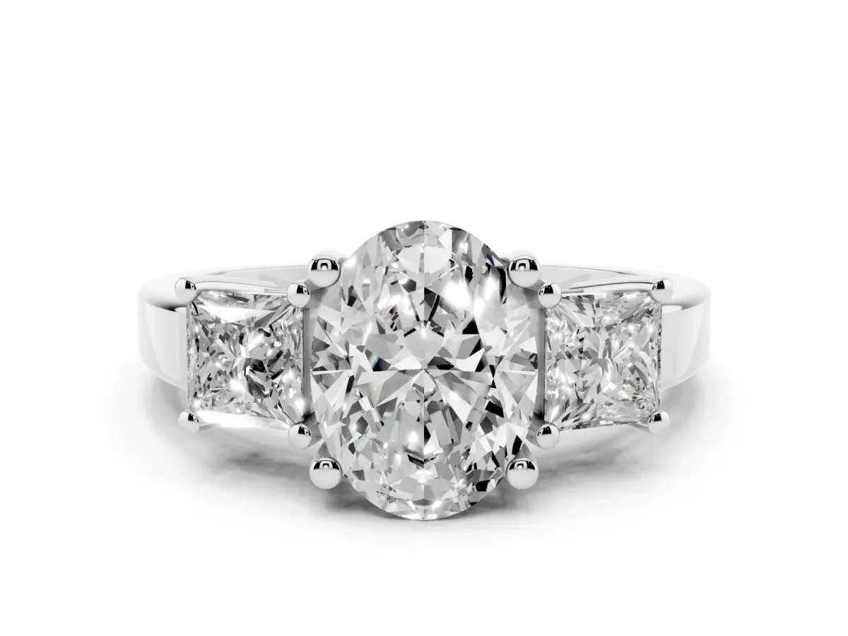 Three-Stone Oval Cut Cut Solitaire Ring with Prong Setting Silver