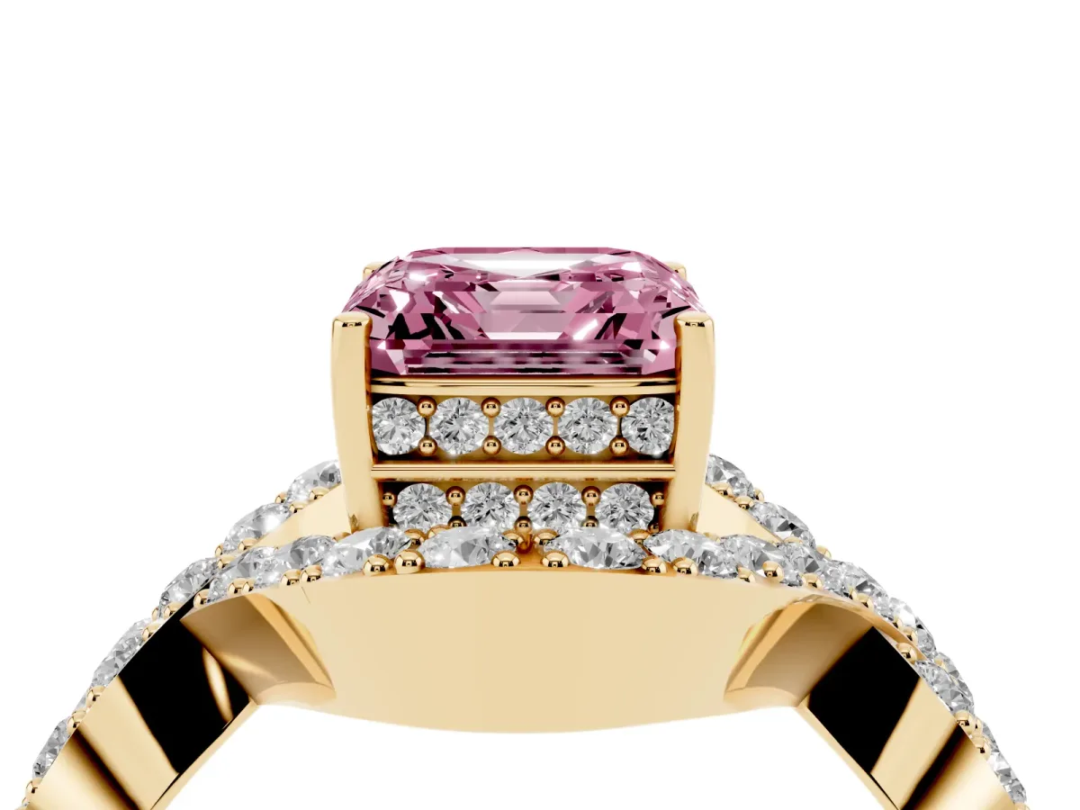 Fancy Pink Asscher Cut Solitaire Twist Band Pavé Diamond Engagement Ring Yellow gold
