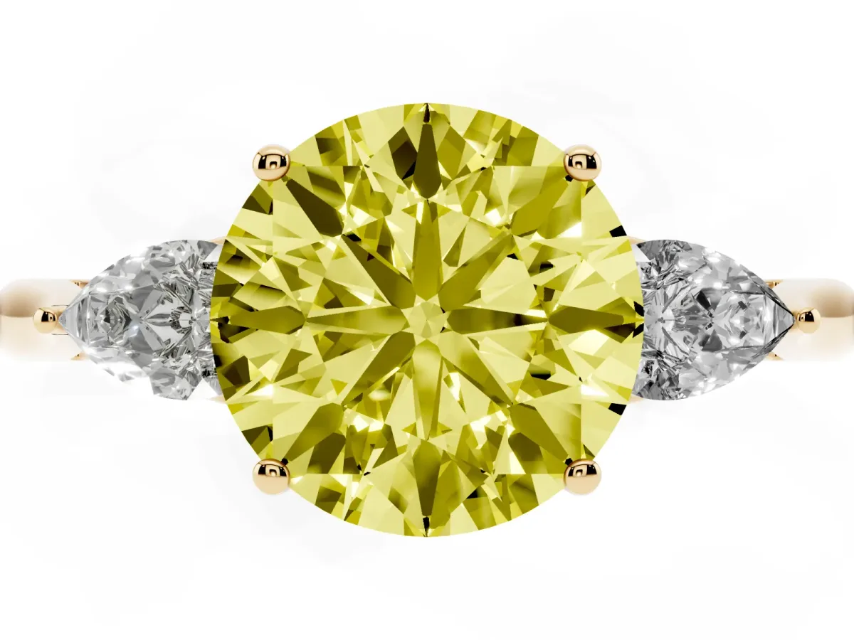 Fancy Yellow Three-Stone Round Cut Diamond Ring with Pear Side Stones in Four-Prong Setting Yellow gold