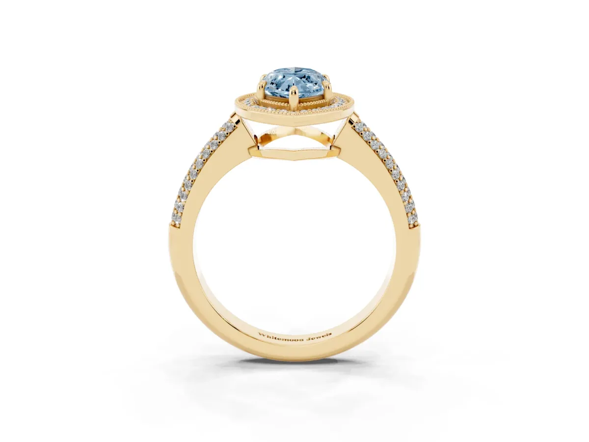 Fancy Blue Marquise Cut Cut Halo Diamond Pave Band with Four-Prong Setting Yellow gold