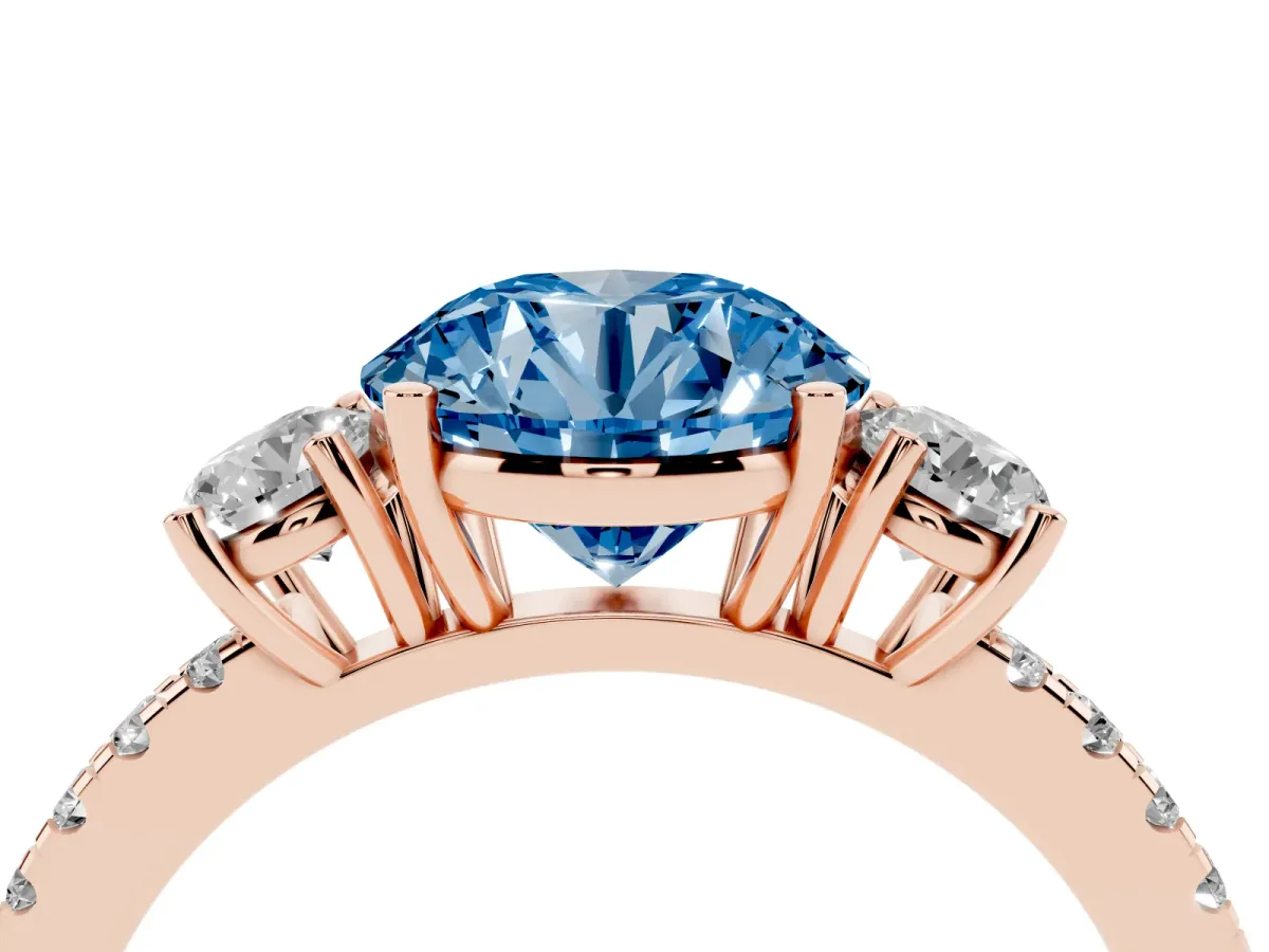 Fancy Blue Three-Stone Round Cut Cut Diamond Pavé Band with Prong Setting Rose gold