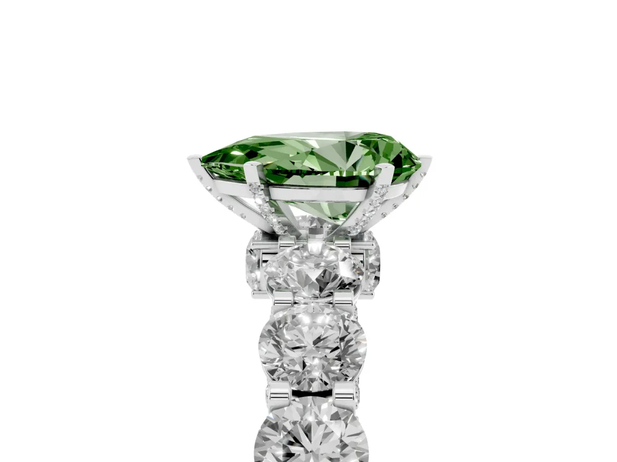 Fancy Green Pear Cut Diamond Side Stone Engagement Ring with Four-Prong Setting Silver
