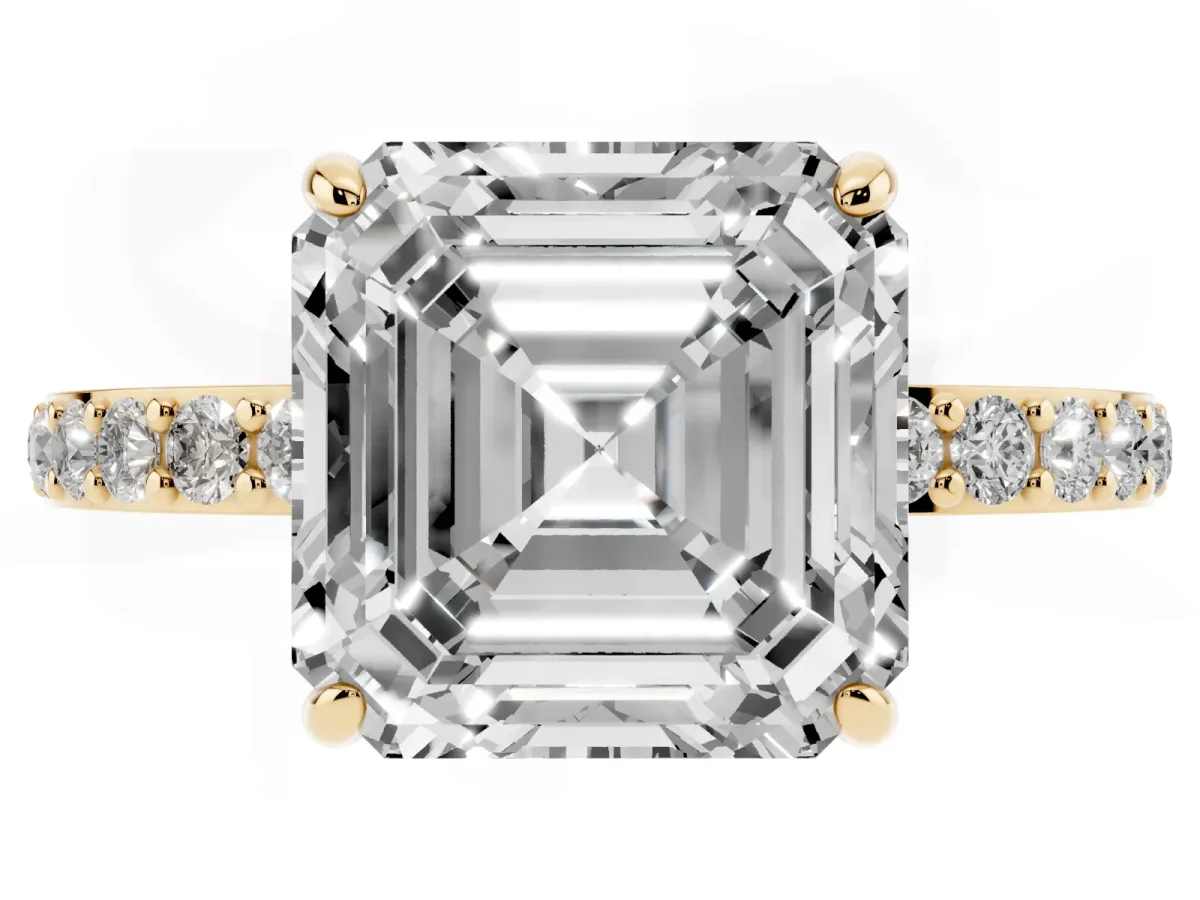 Asscher Cut Diamond Pavé Engagement Ring with Round Accents and Prong Setting Yellow gold