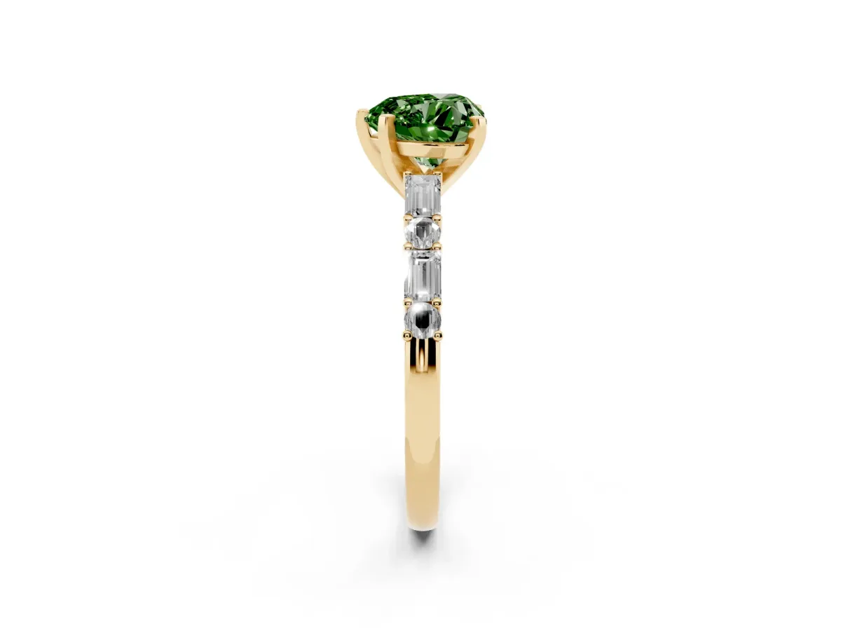 Fancy Green Heart Cut Diamond Solitaire with Side Baguettes and Channel Set Band Yellow gold