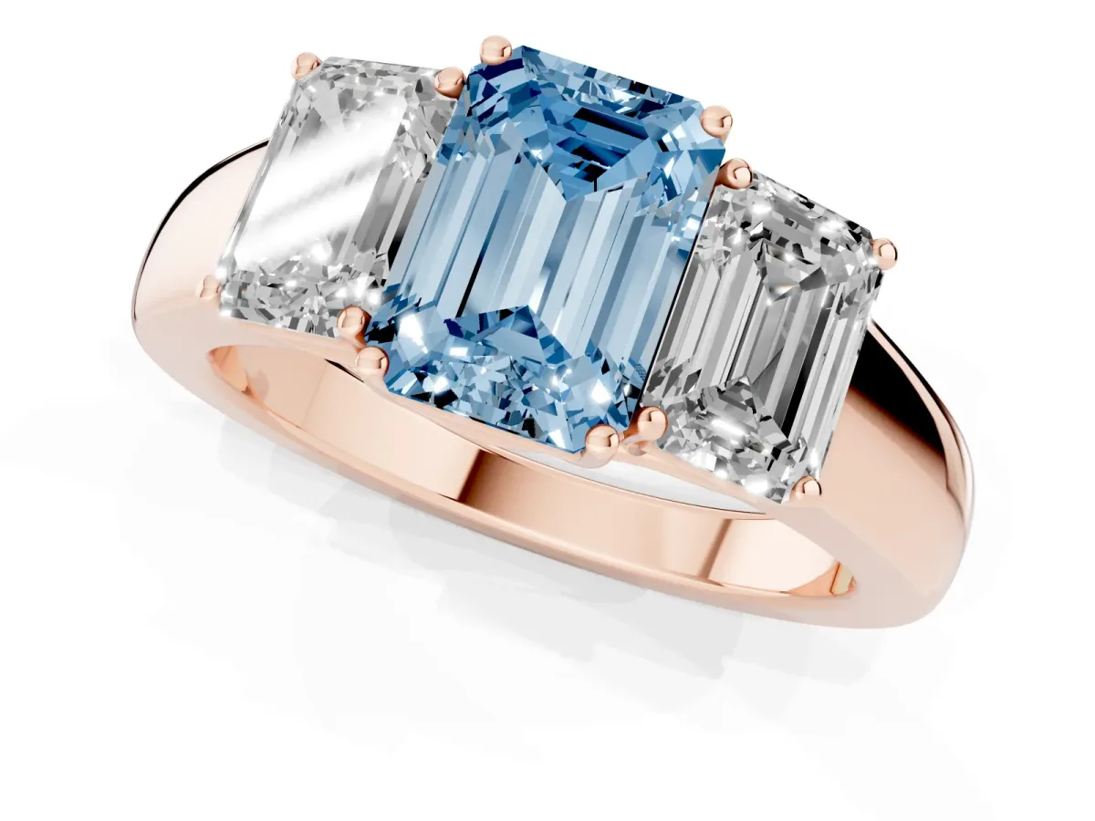 Fancy Blue Three-Stone Emerald Cut Cut Diamond Ring with Prong Setting and Classic Band Rose gold
