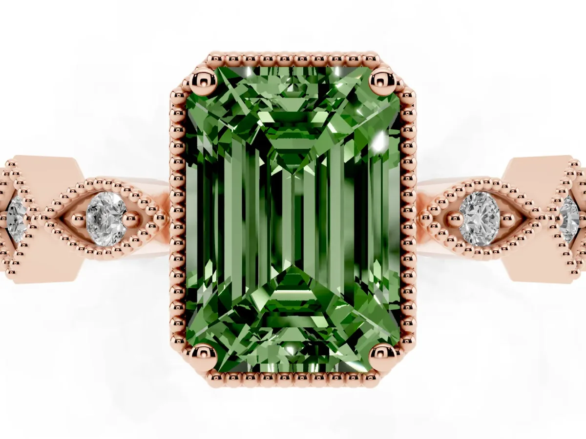 Fancy Green Emerald Cut Milgrain Marquise Diamond Twist Band Ring Rose gold