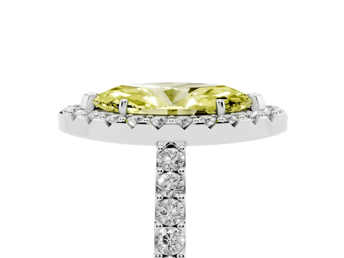 Fancy Yellow Marquise Cut Halo Diamond Pavé Solitaire Ring Silver