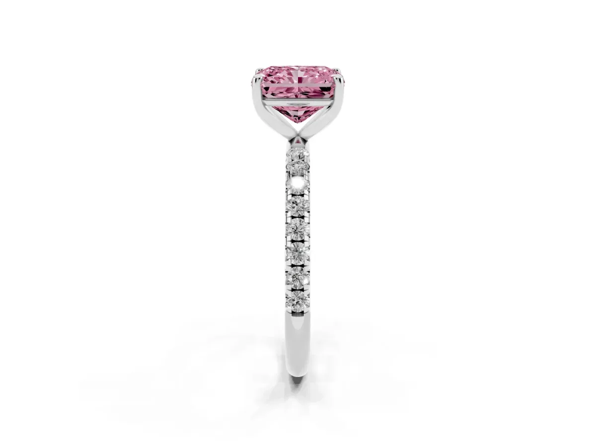 Fancy Pink Radiant Cut Cut Diamond Solitaire Ring with Micro Pave Band and Four Prong Setting Platinum