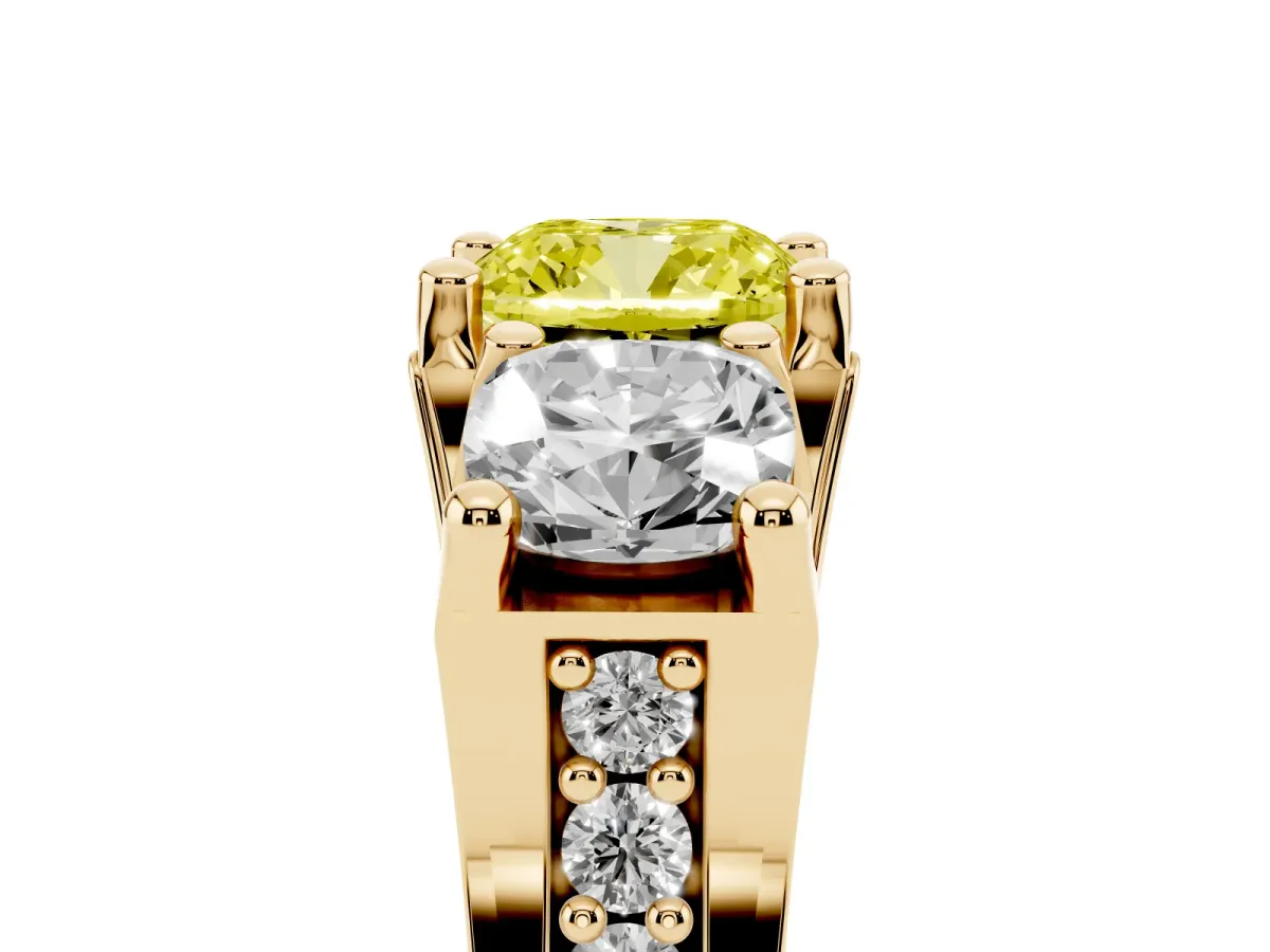 Fancy Yellow Cushion Cut Diamond Three-Stone Ring with Channel Set Band and Four-Prong Setting Yellow gold