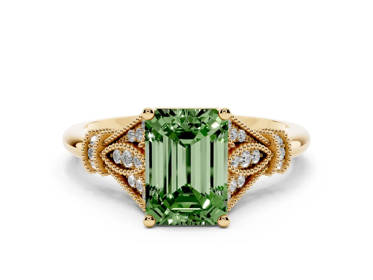 Fancy Green Emerald Cut Diamond Solitaire Ring with Floral Filigree and Pave Accents Yellow gold
